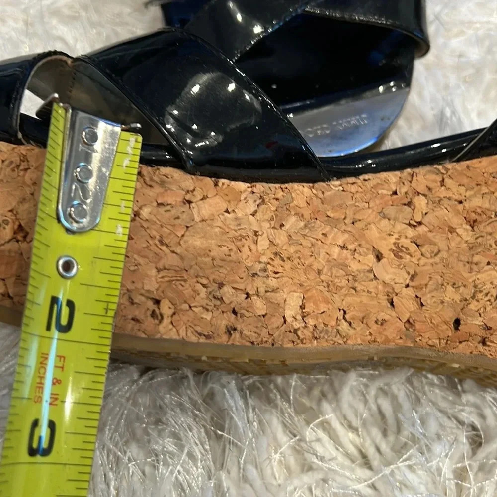 Jimmy Choo Black Patent Leather Cork Wedge Platform Ankle Strap Sandal - Picture 6 of 10